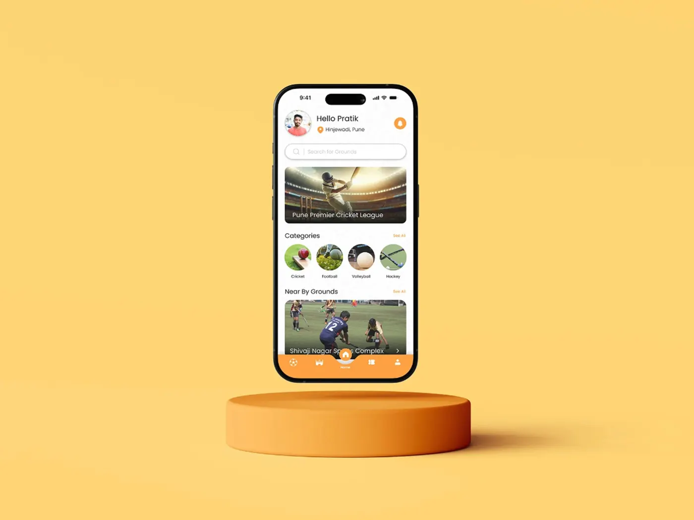 Home screen with nearby grounds