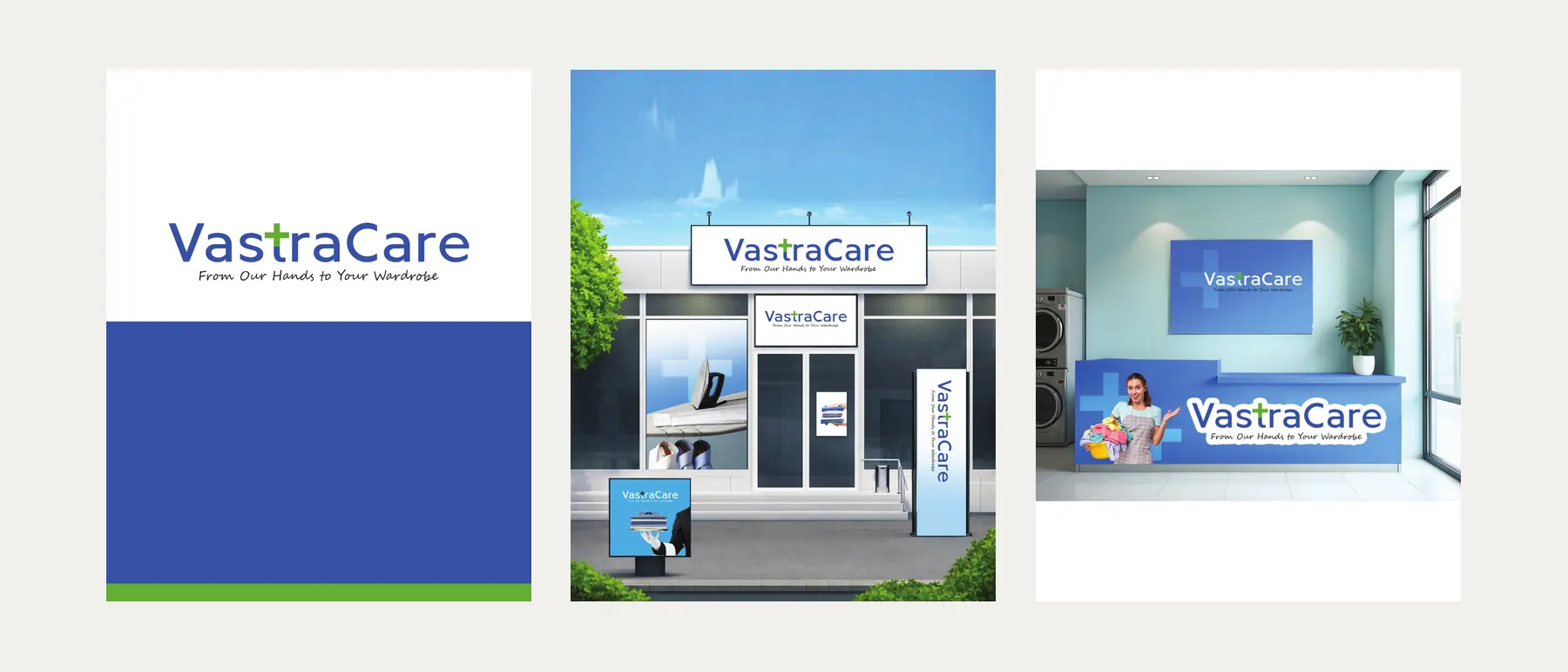 VastraCare logo, storefront and reception