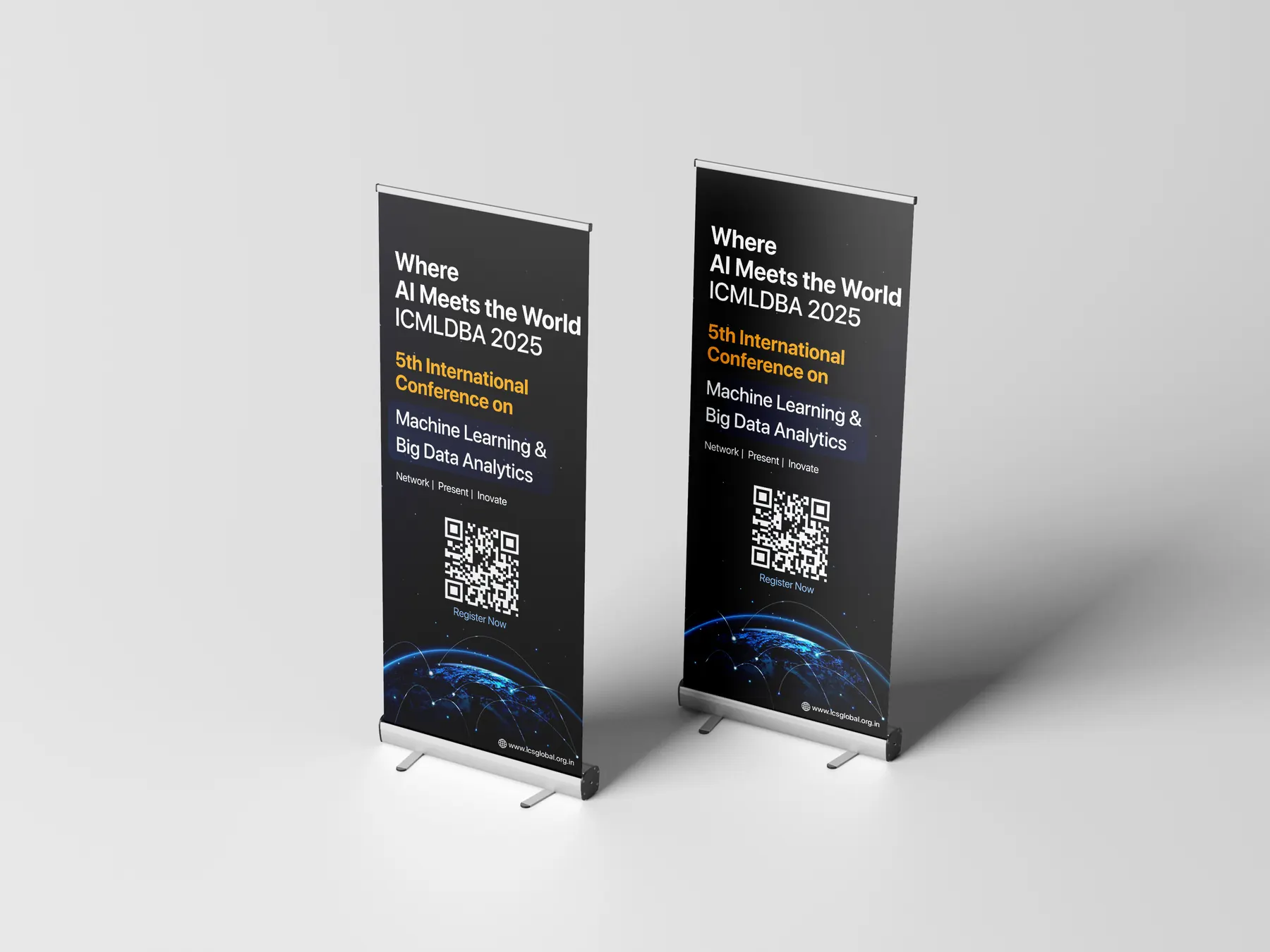 Two ICMLDBA 2025 roll-up banners