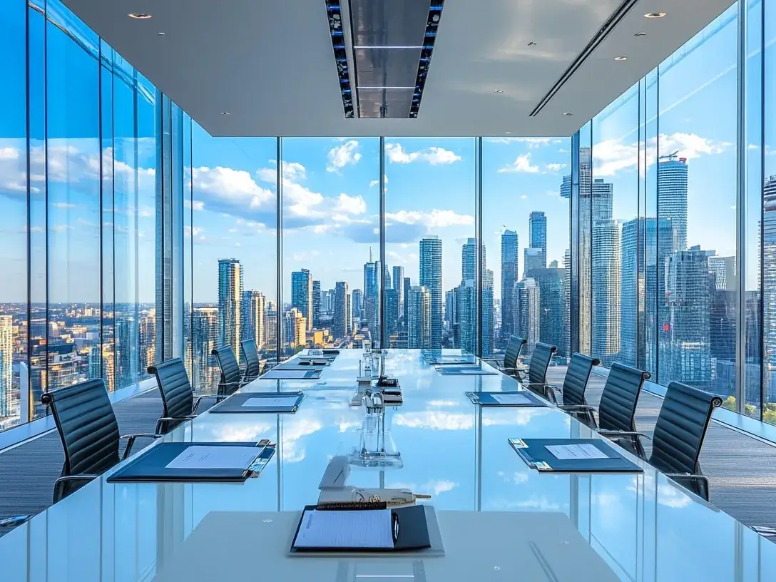 Meeting room with glass walls and a city view