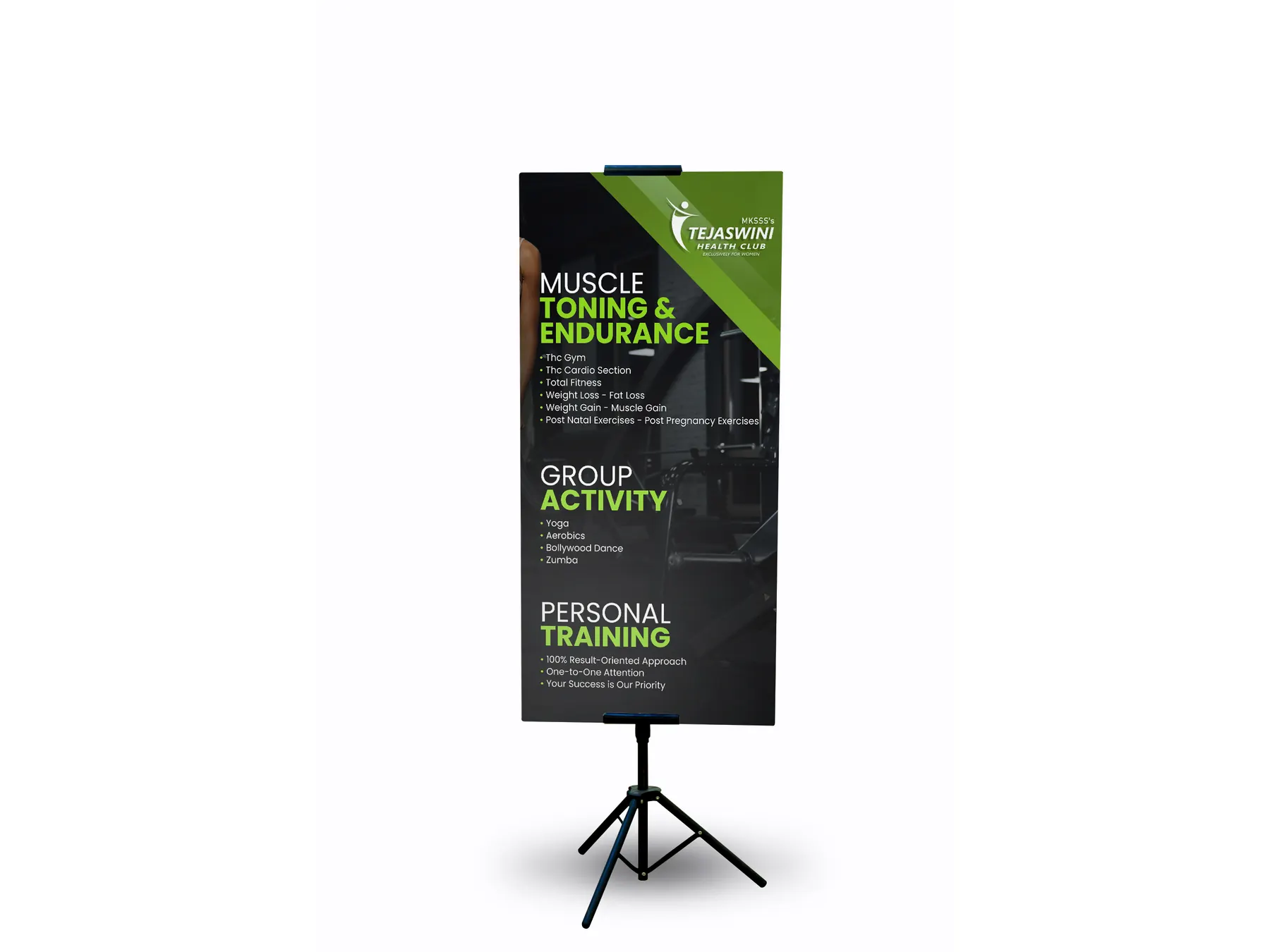 Tejaswini standee listing its programmes