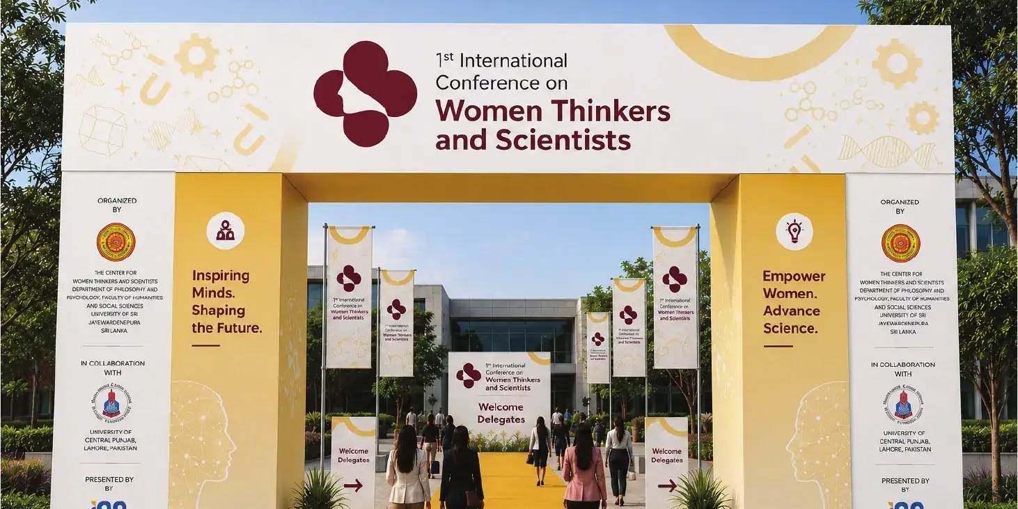 Conference entrance gate with the Women Thinkers and Scientists branding