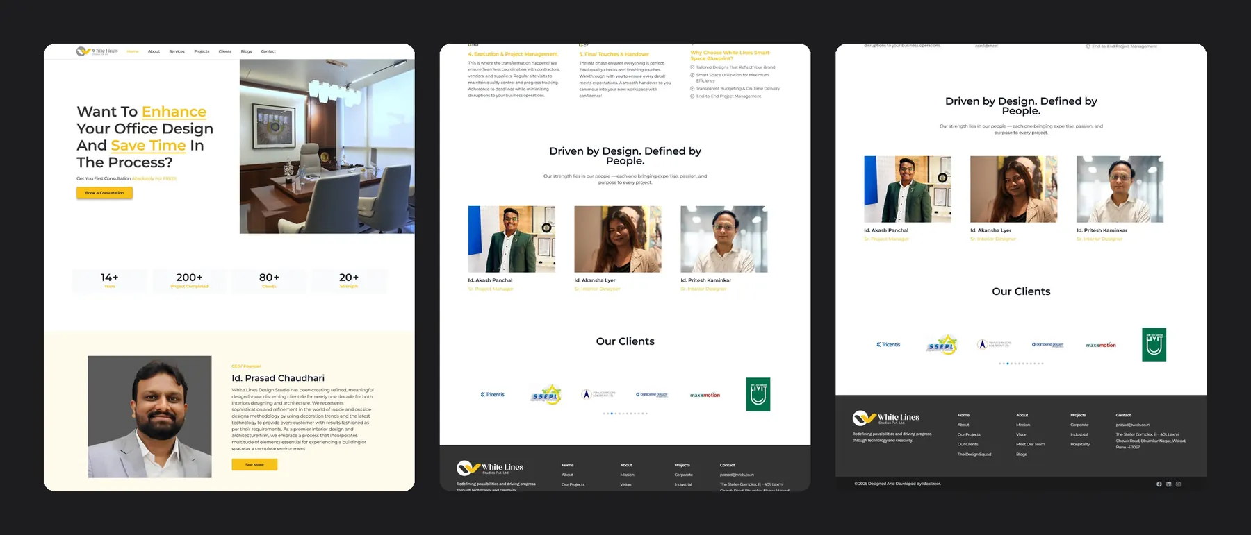 White Lines website: home, team and footer