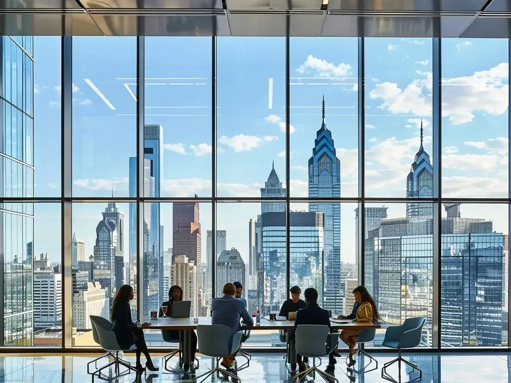 Team meeting by tall windows