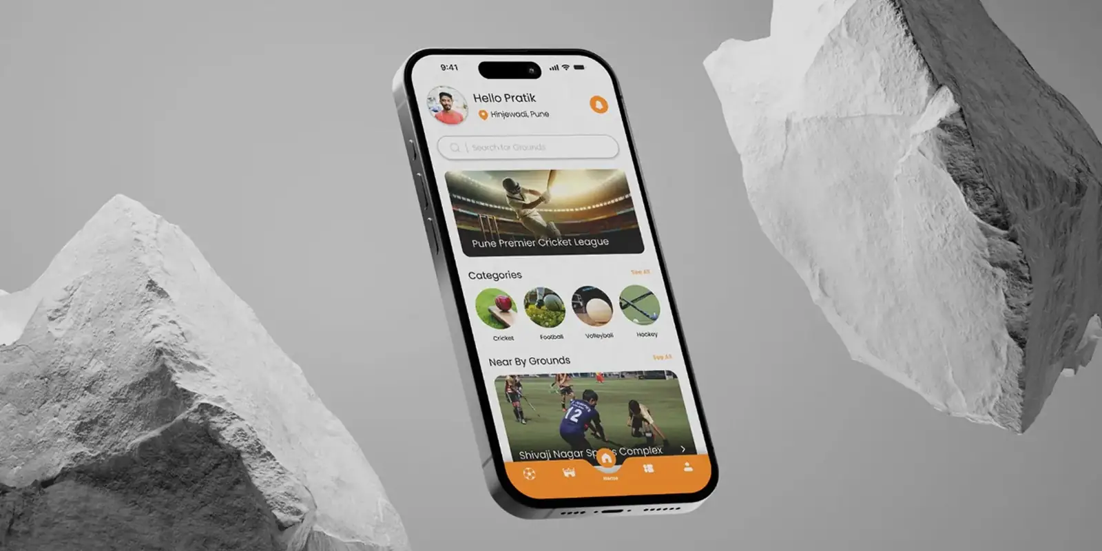 Sports booking app home screen on a phone