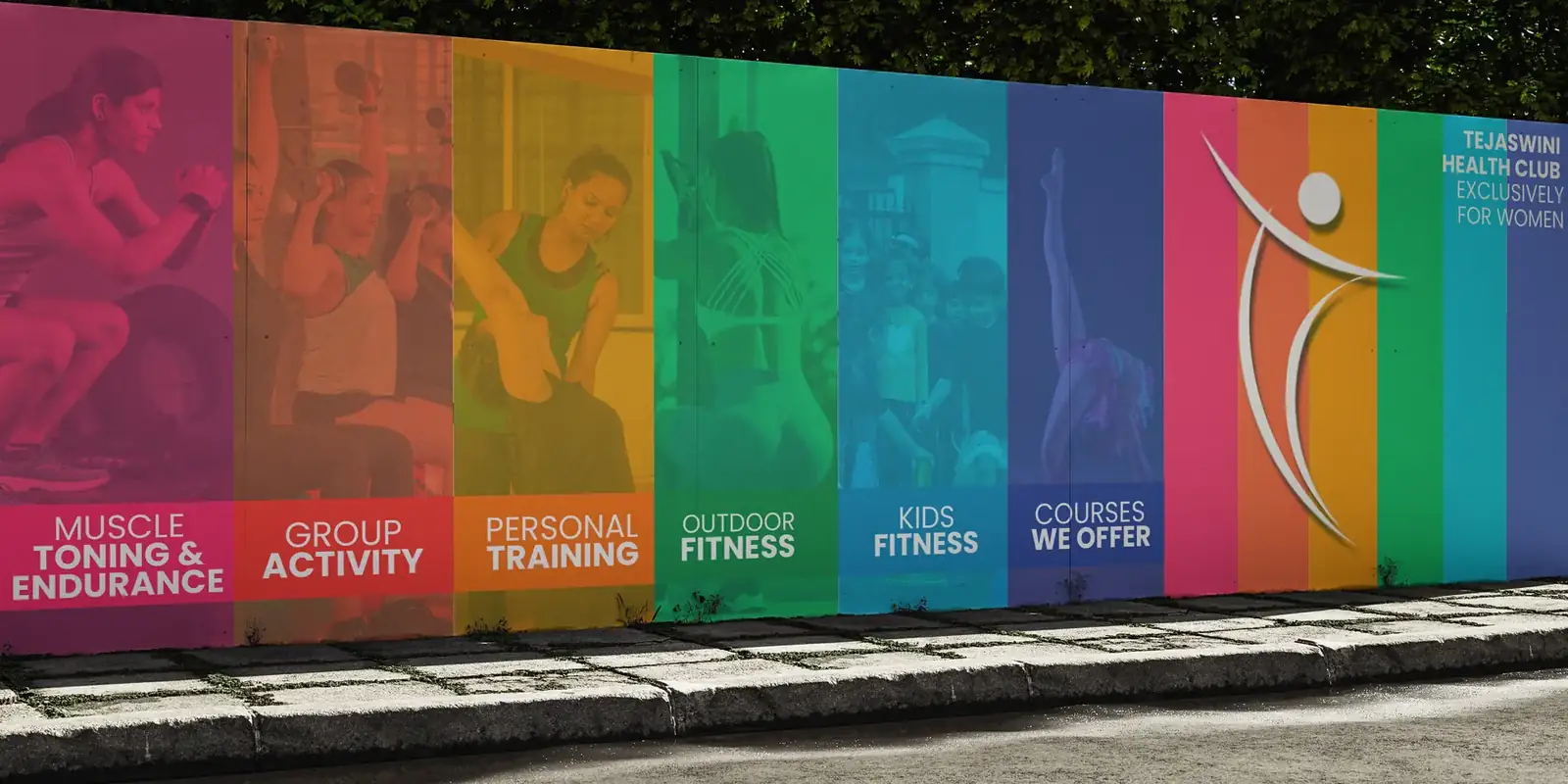 Colourful Tejaswini Health Club wall showing all its courses