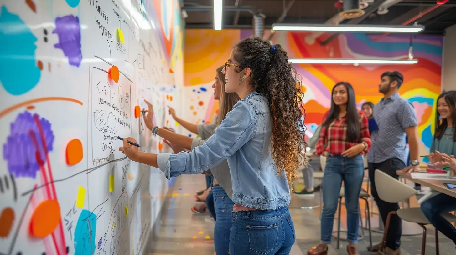 Team brainstorming on a whiteboard wall in a colourful office