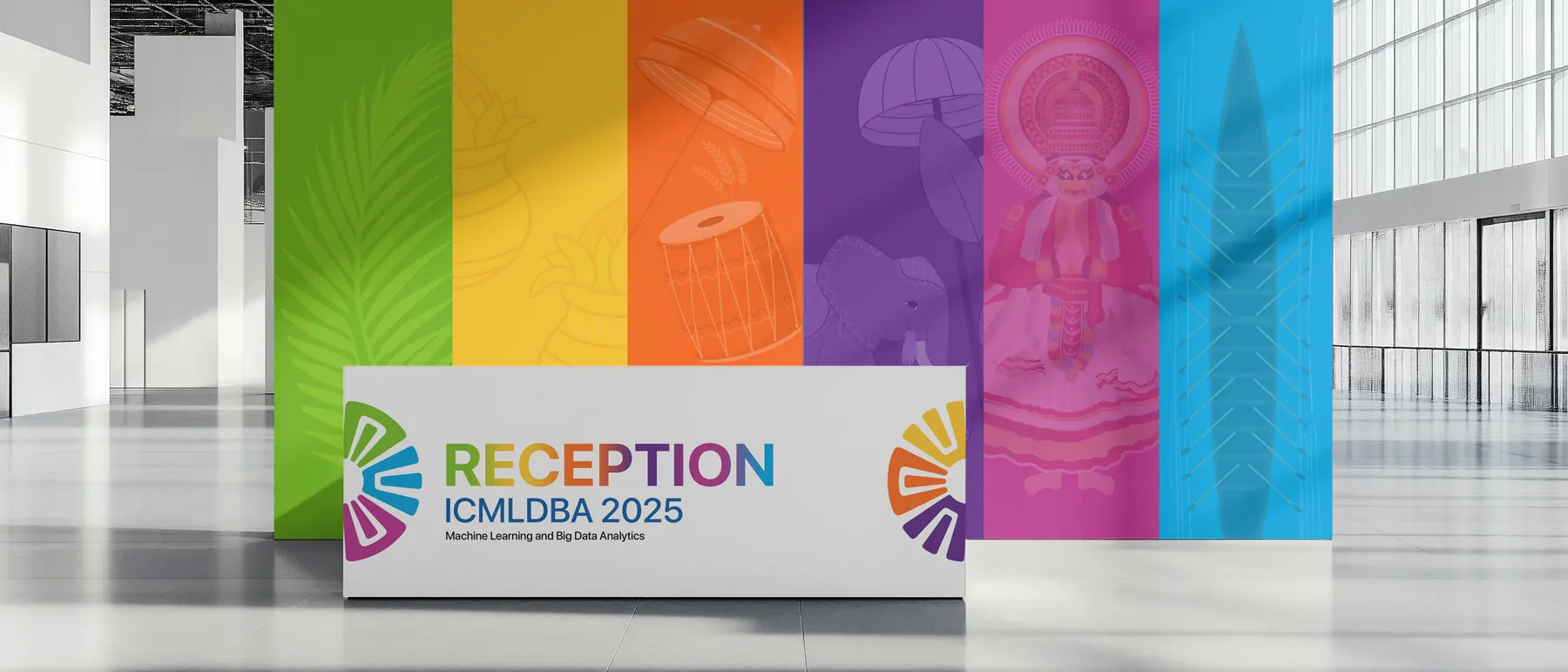 Colourful ICMLDBA 2025 reception backdrop and desk