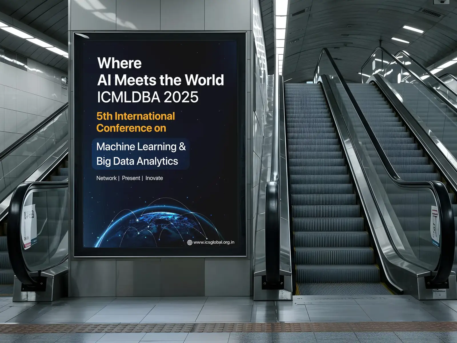 ICMLDBA 2025 poster beside a metro escalator