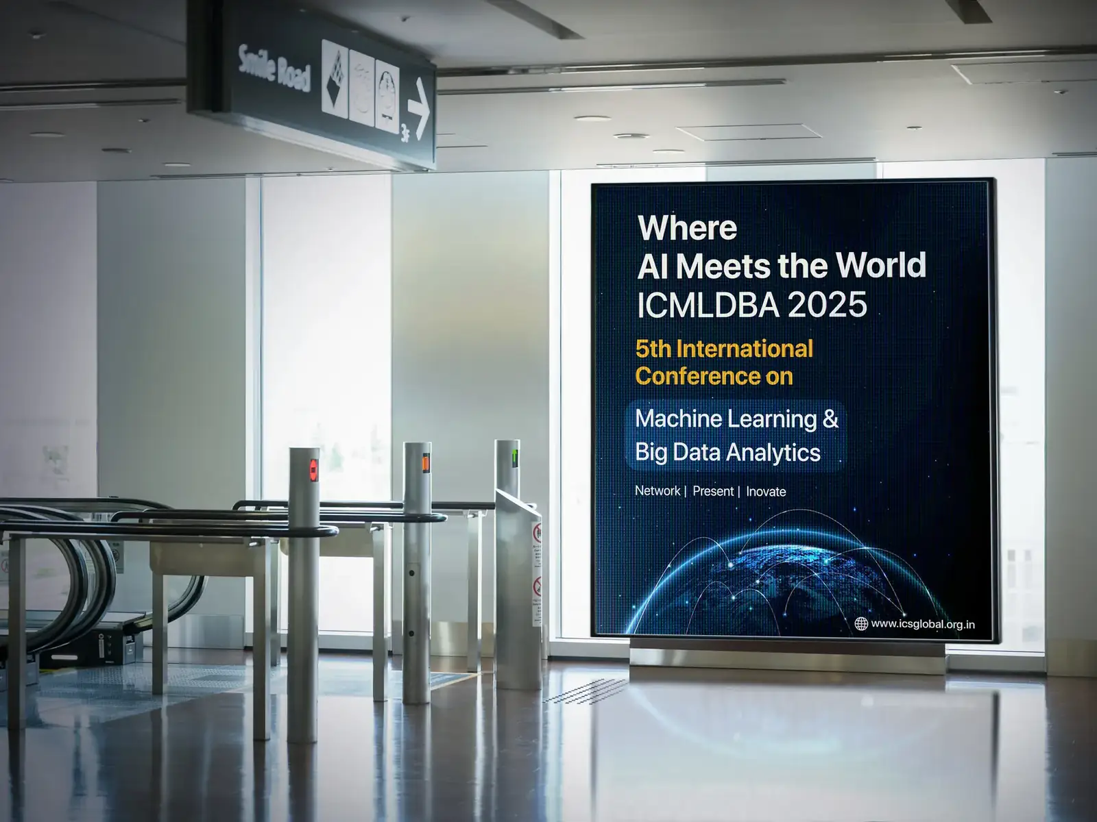 ICMLDBA 2025 poster at an airport gate